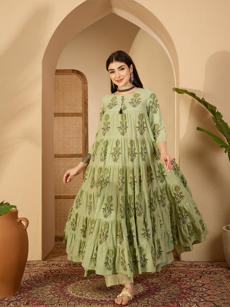 Kimayra Cotton Calf Length Printed 3/4 Sleeve Key Hole Neck Anarkali Kurta Suit Set