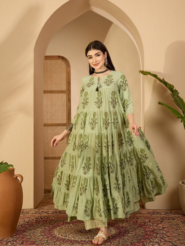 Kimayra Cotton Calf Length Printed 3/4 Sleeve Key Hole Neck Anarkali Kurta Suit Set