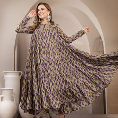 Kimayra Malmal Calf Length Printed Full Sleeve Round Neck Anarkali Kurta Suit Set