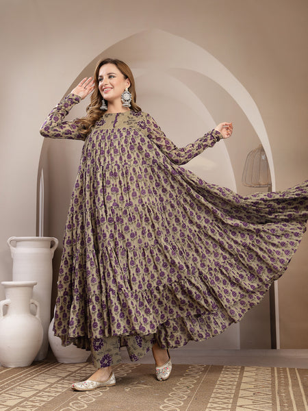 Kimayra Malmal Calf Length Printed Full Sleeve Round Neck Anarkali Kurta Suit Set