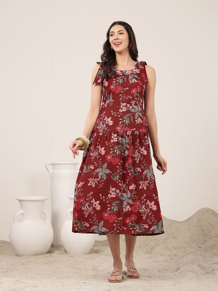 Kimayra Cotton Calf Length Printed Sleeveless Round Neck Flared Dress