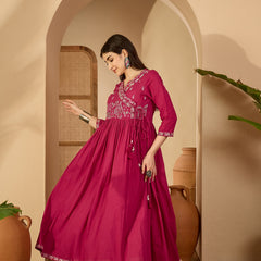 Kimayra Cotton Calf Length Solid 3/4 Sleeve V-Neck Anarkali Kurta Suit Set