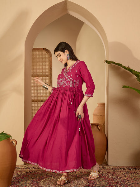Kimayra Cotton Calf Length Solid 3/4 Sleeve V-Neck Anarkali Kurta Suit Set