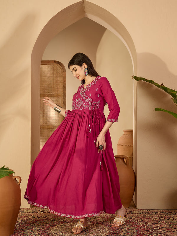 Kimayra Cotton Calf Length Solid 3/4 Sleeve V-Neck Anarkali Kurta Suit Set
