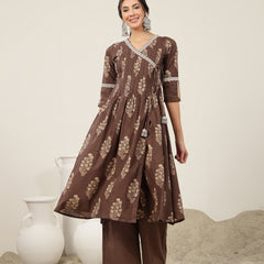 Kimayra Cotton Calf Length Printed 3/4 Sleeve V-Neck Flared Kurta Suit Set