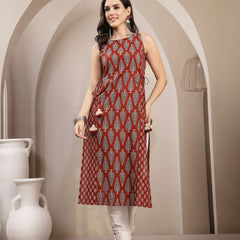 Kimayra Rayon Calf Length Printed Sleeveless Round Neck Straight Kurta
