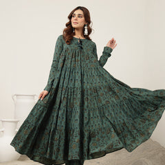 Kimayra Cotton Ankle Length Printed Full Sleeve Key Hole Neck Flared Kurta Suit Set