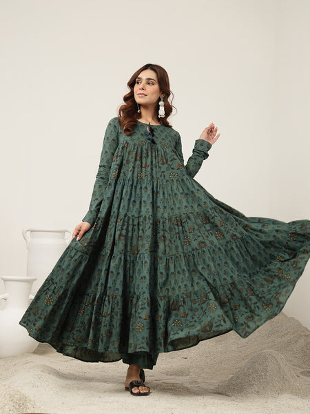 Kimayra Cotton Ankle Length Printed Full Sleeve Key Hole Neck Flared Kurta Suit Set