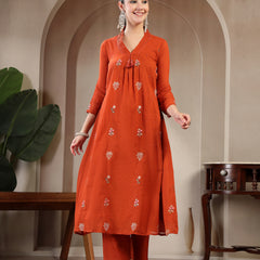 Kimayra Cotton Calf Length Printed 3/4 Sleeve V Neck Straight Kurta Suit Set