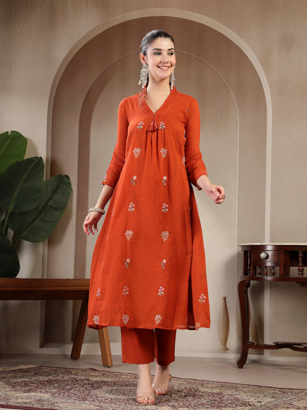 Kimayra Cotton Calf Length Printed 3/4 Sleeve V Neck Straight Kurta Suit Set