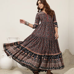 Kimayra Cotton Calf Length Printed 3/4 Sleeves V-Neck Anarkali Kurta