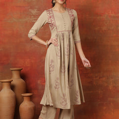 Kimayra Rayon Calf Length Printed 3/4 Sleeves Round Neck Semi-Flared Kurta Suit Set