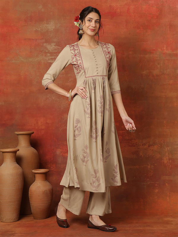 Kimayra Rayon Calf Length Printed 3/4 Sleeves Round Neck Semi-Flared Kurta Suit Set