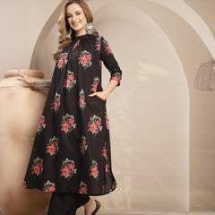 Kimayra Cotton Calf Length Printed 3/4 Sleeve Band Collar Flared Kurta Suit Set