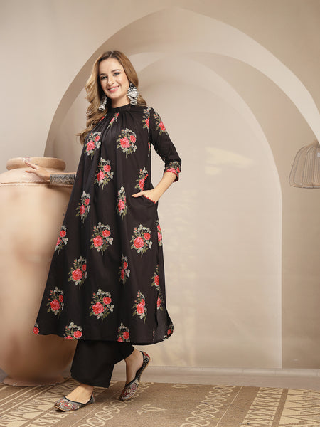 Kimayra Cotton Calf Length Printed 3/4 Sleeve Band Collar Flared Kurta Suit Set