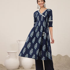 Kimayra Cotton Calf Length Printed 3/4 Sleeve V-Neck Flared Kurta Suit Set