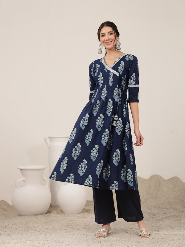 Kimayra Cotton Calf Length Printed 3/4 Sleeve V-Neck Flared Kurta Suit Set