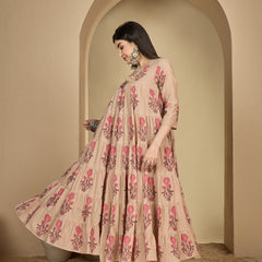 Kimayra Cotton Calf Length Printed 3/4 Sleeve Key Hole Neck Anarkali Kurta Suit Set