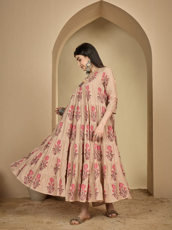 Kimayra Cotton Calf Length Printed 3/4 Sleeve Key Hole Neck Anarkali Kurta Suit Set