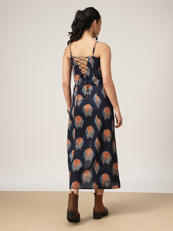 Kimayra Cotton Calf Length Printed Sleeveless Square Neck Straight Dress