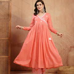 Kimayra Cotton Calf Length Printed 3/4 Sleeve V-Neck Flared Kurta Suit Set