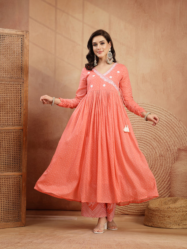 Kimayra Cotton Calf Length Printed 3/4 Sleeve V-Neck Flared Kurta Suit Set