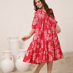Kimayra Cotton Knee Length Printed 3/4 Sleeve Shirt Collar Flared Dress