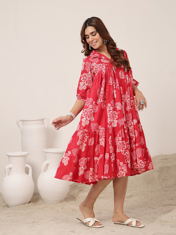Kimayra Cotton Knee Length Printed 3/4 Sleeve Shirt Collar Flared Dress