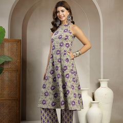 Kimayra Cotton Calf Length Printed Sleeveless Round Neck Flared Kurta Suit Set