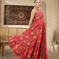 Kimayra Cotton Calf Length Printed Sleeveless Key Hole Neck Flared Kurta