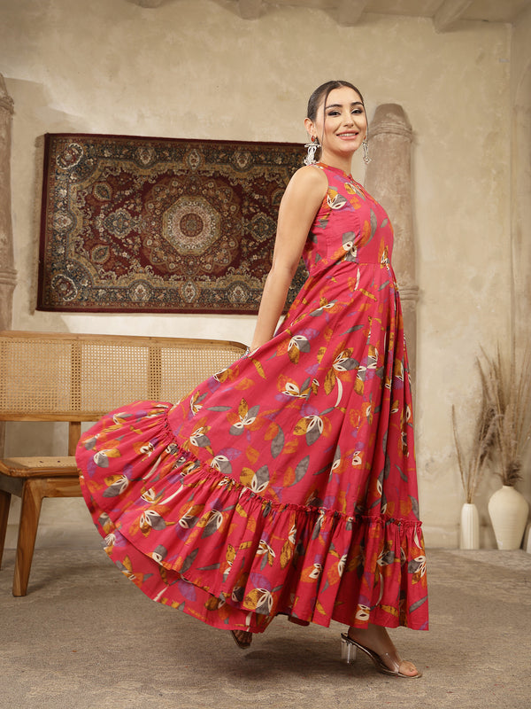 Kimayra Cotton Calf Length Printed Sleeveless Key Hole Neck Flared Kurta