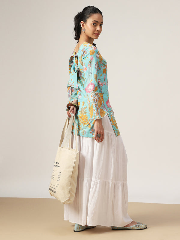 Kimayra Cotton Hip Length Printed Full Sleeve V-Neck Straight Top