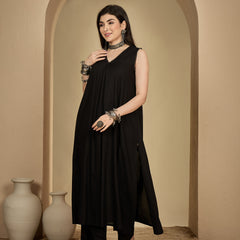 Kimayra Rayon Calf Length Solid Sleeveless V-Neck Flared Kurta Suit Set