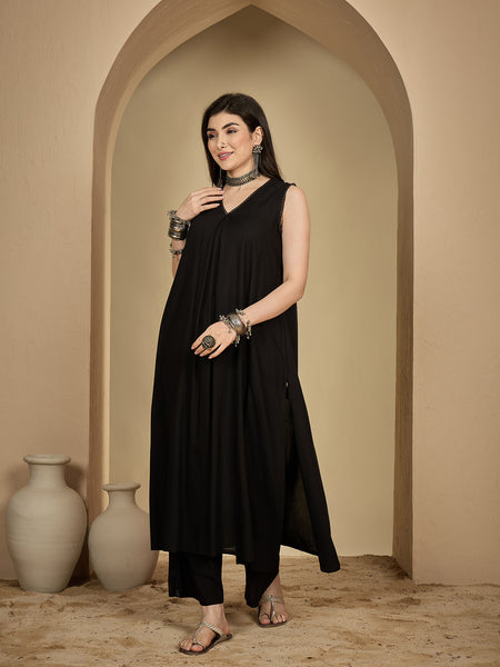 Kimayra Rayon Calf Length Solid Sleeveless V-Neck Flared Kurta Suit Set