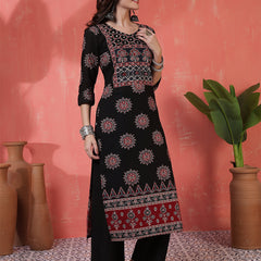 Kimayra Cotton Calf Length Printed 3/4 Sleeves Round Neck Straight Kurta Suit Set