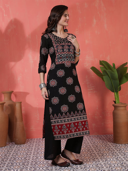 Kimayra Cotton Calf Length Printed 3/4 Sleeves Round Neck Straight Kurta Suit Set