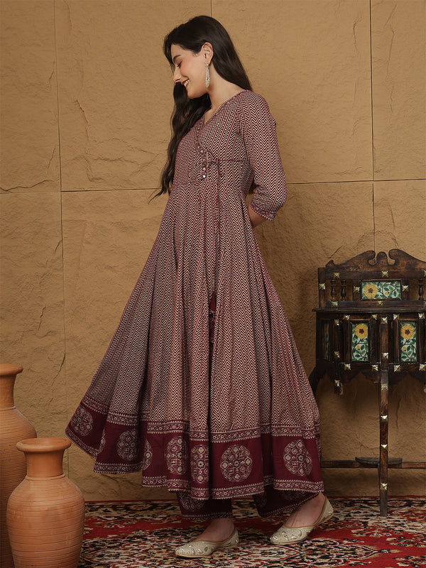 Kimayra Cotton Calf Length Printed 3/4 Sleeves V-Neck Anarkali Kurta Suit Set