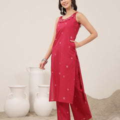 Kimayra Cotton Calf Length Solid Sleeveless Round Neck Straight Kurta Suit Set