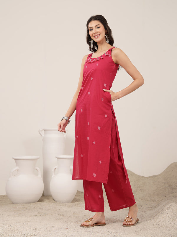 Kimayra Cotton Calf Length Solid Sleeveless Round Neck Straight Kurta Suit Set