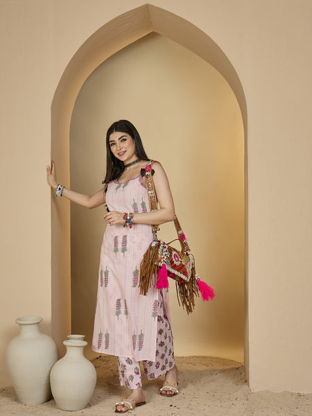 Kimayra Rayon Calf Length Printed Sleeveless Strappy Straight Kurta Suit Set