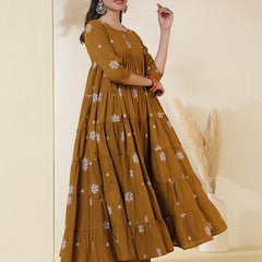Kimayra Cotton Calf Length Printed 3/4 Sleeves Round Neck Anarkali Kurta Suit Set