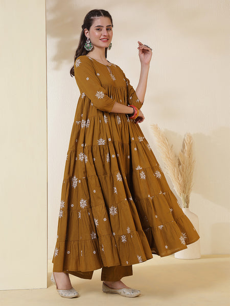 Kimayra Cotton Calf Length Printed 3/4 Sleeves Round Neck Anarkali Kurta Suit Set