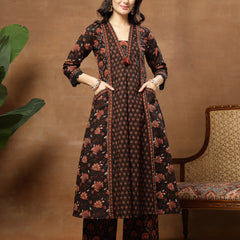 Kimayra Cotton Calf Length Printed 3/4 Sleeve V-Neck Flared Kurta Suit Set