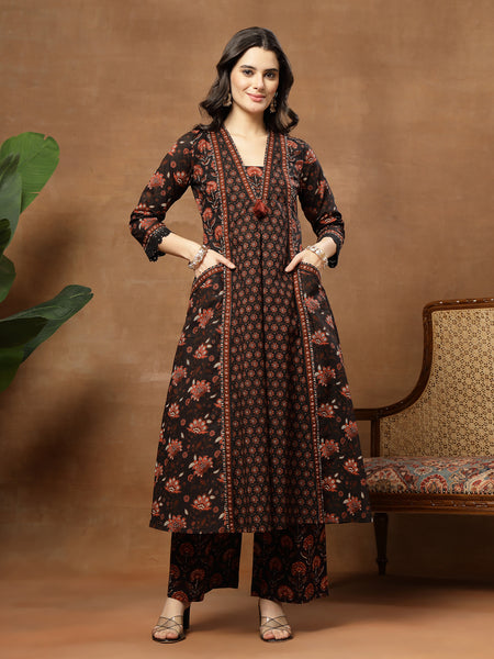 Kimayra Cotton Calf Length Printed 3/4 Sleeve V-Neck Flared Kurta Suit Set