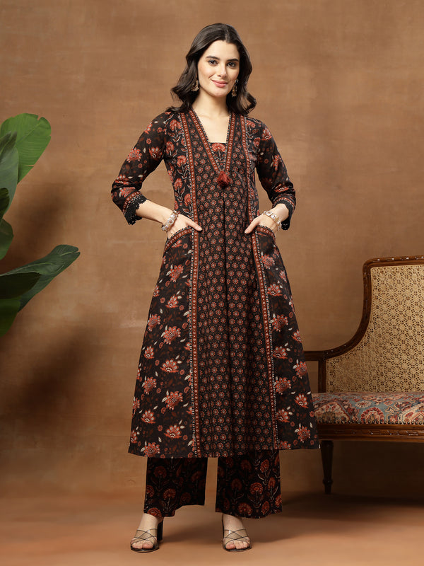 Kimayra Cotton Calf Length Printed 3/4 Sleeve V-Neck Flared Kurta Suit Set