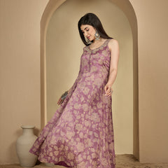 Kimayra Rayon Ankle Length Printed Sleeveless V-Neck Anarkali Kurta Suit Set