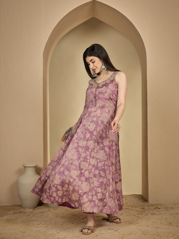Kimayra Rayon Ankle Length Printed Sleeveless V-Neck Anarkali Kurta Suit Set