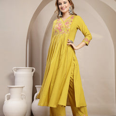 Kimayra Cotton Calf Length Solid 3/4 Sleeve V-Neck Flared Kurta Suit Set
