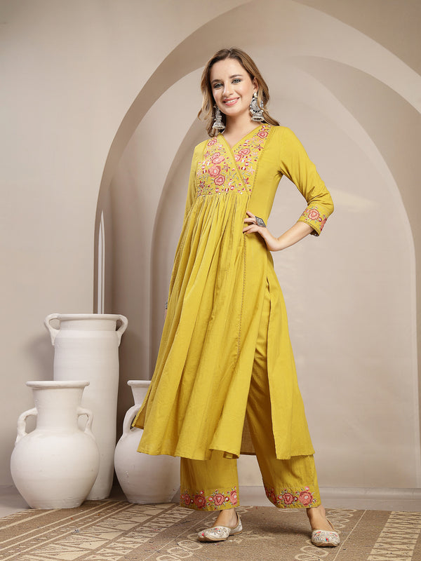 Kimayra Cotton Calf Length Solid 3/4 Sleeve V-Neck Flared Kurta Suit Set