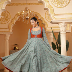 Kimayra Cotton Calf Length Printed Full Sleeves Round Neck Anarkali Kurta Suit Set